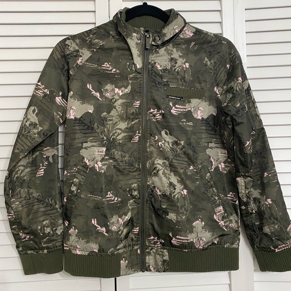 MEMBERS ONLY GIRLS ELONGATED SATIN BOYFRIEND BOMBER JACKET CAMO ROSE SIZE 12